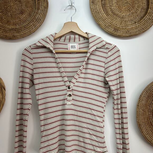 UO Urban Outfitters BDG Striped V-Neck Collared Polo Crop Long Sleeve Top Small - Picture 3 of 8